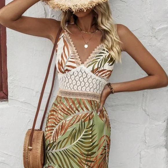 Tropical Print Lace Ruffle Hem Cami Dress - Picture 4 of 13